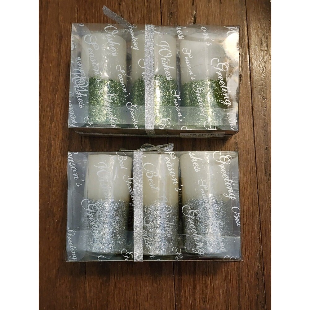 SAP White Unscented Glitter Dipped Pillar Candles Set Of 6 3 Silver 3 Green NIB